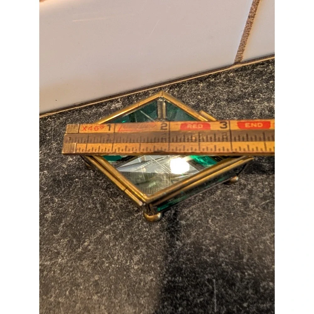 Vintage Mexican Brass Emerald Green Etched Glass Jewelry Trinket Box Mexico